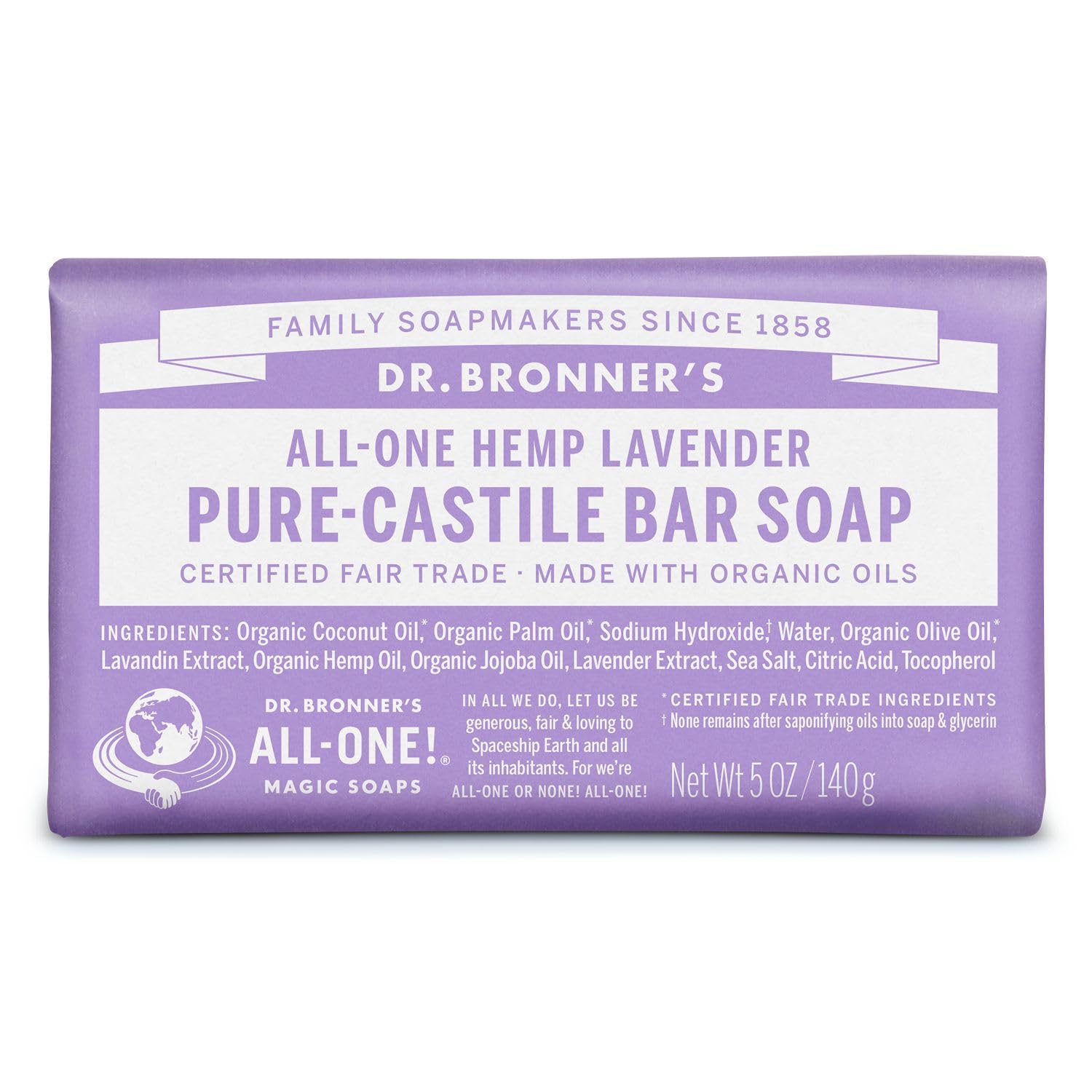 Dr. Bronner's - Pure-Castile Bar Soap (Lavender, 5 ounce) - Made with Organic Oils, For Face, Body and Hair, Gentle and Moisturizing, Biodegradable, Vegan, Cruelty-free, Non-GMO